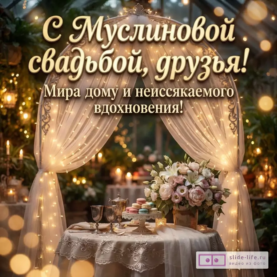 Открытка с золотым текстом на фоне беседки с гирляндами и накрытым столом. Текст: «С Муслиновой свадьбой, друзья! Мира дому и неиссякаемого вдохновения!»