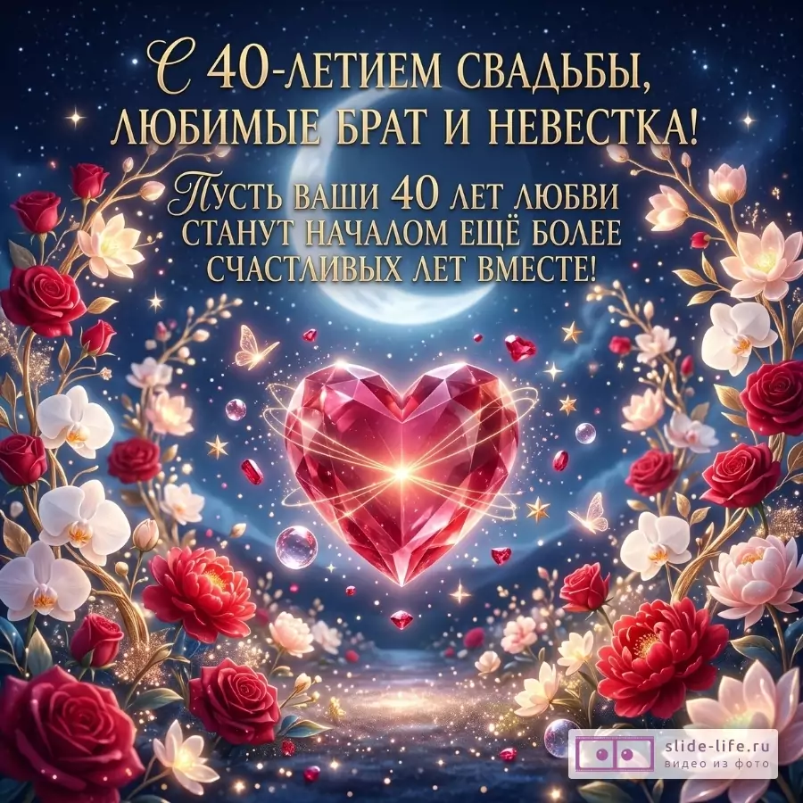 Темно-синий звездный фон, розовый кристальный сердечный камень, розы и орхидеи, текст «С 40-летием свадьбы, любимые брат и невестка! Пусть ваши 40 лет любви станут началом ещё более счастливых лет вместе!»
