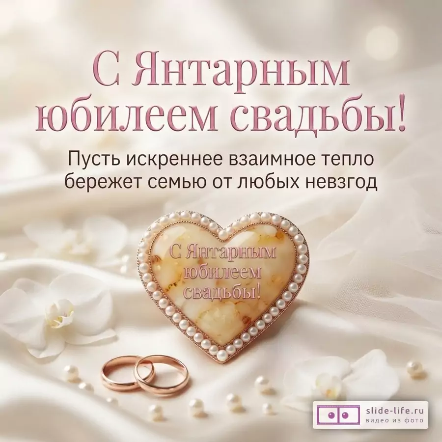 Открытка на бежевом фоне с белыми орхидеями и жемчугом. В центре сердце из янтаря и жемчуга. Сверху текст: «С Янтарным юбилеем свадьбы! Пусть искреннее взаимное тепло бережет семью от любых невзгод». На сердце текст: «С Янтарным юбилеем свадьбы!». Внизу два золотых обручальных кольца.