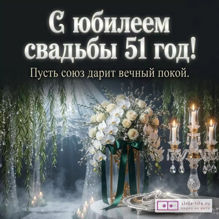 Темный фон, белый текст «С юбилеем свадьбы 51 год! Пусть союз дарит вечный покой.», цветочная композиция, свечи, кольца на подносе