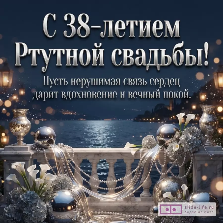 Темно-синий фон с огнями, на переднем плане белый мраморный балкон с серебряными шарами, жемчугом и белыми цветами. Текст: «С 38-летием Ртутной свадьбы! Пусть нерушимая связь сердец дарит вдохновение и вечный покой.»
