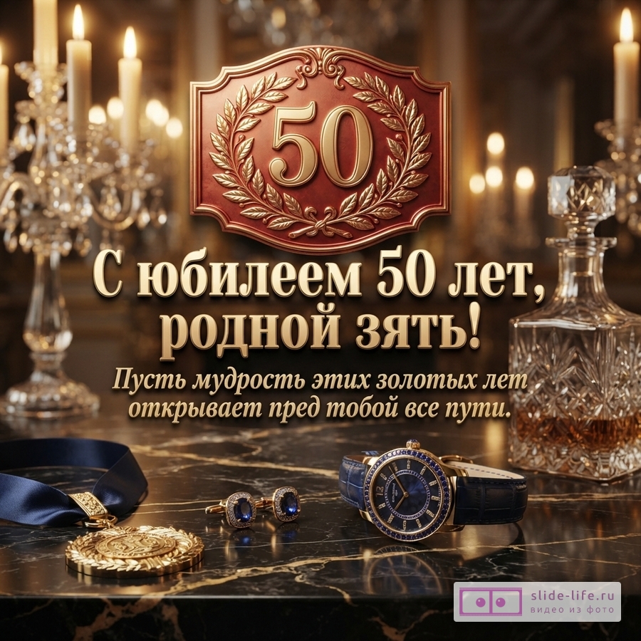 Открытка с золотой табличкой «50» в лавровом венке, золотыми буквами «С ЮБИЛЕЕМ 50 ЛЕТ, РОДНОЙ ЗЯТЬ!» и текстом «Пусть мудрость этих золотых лет открывает пред тобой все пути.». На черном мраморном столе часы, запонки, декантер, медальон. Фон с горящими свечами.