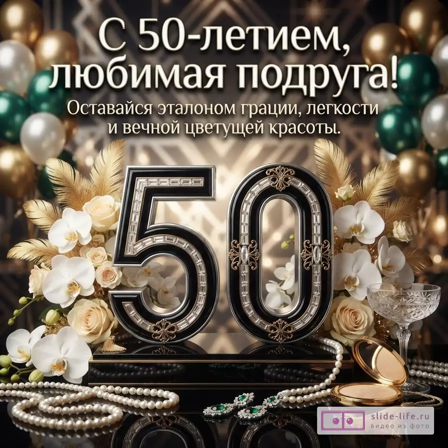 Черно-золотой фон с воздушными шарами. В центре крупные черные цифры «50» с золотыми элементами и белыми орхидеями. Текст: «С 50-летием, любимая подруга! Оставайся эталоном грации, легкости и вечной цветущей красоты.»