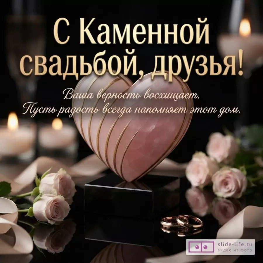 Черный фон, свечи, розовые розы, ленты, обручальные кольца, сердце из розового кварца. Текст: «С Каменной свадьбой, друзья! Ваша верность восхищает. Пусть радость всегда наполняет этот дом.»