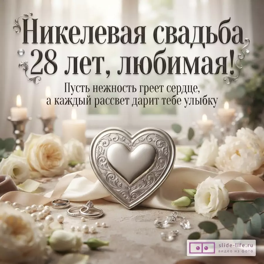 Фон светлый, бежевый. В центре серебряное сердце с узорами. Вокруг белые розы, жемчуг, обручальные кольца, свечи. Текст «Никелевая свадьба, 28 лет, любимая! Пусть нежность греет сердце, а каждый рассвет дарит тебе улыбку»