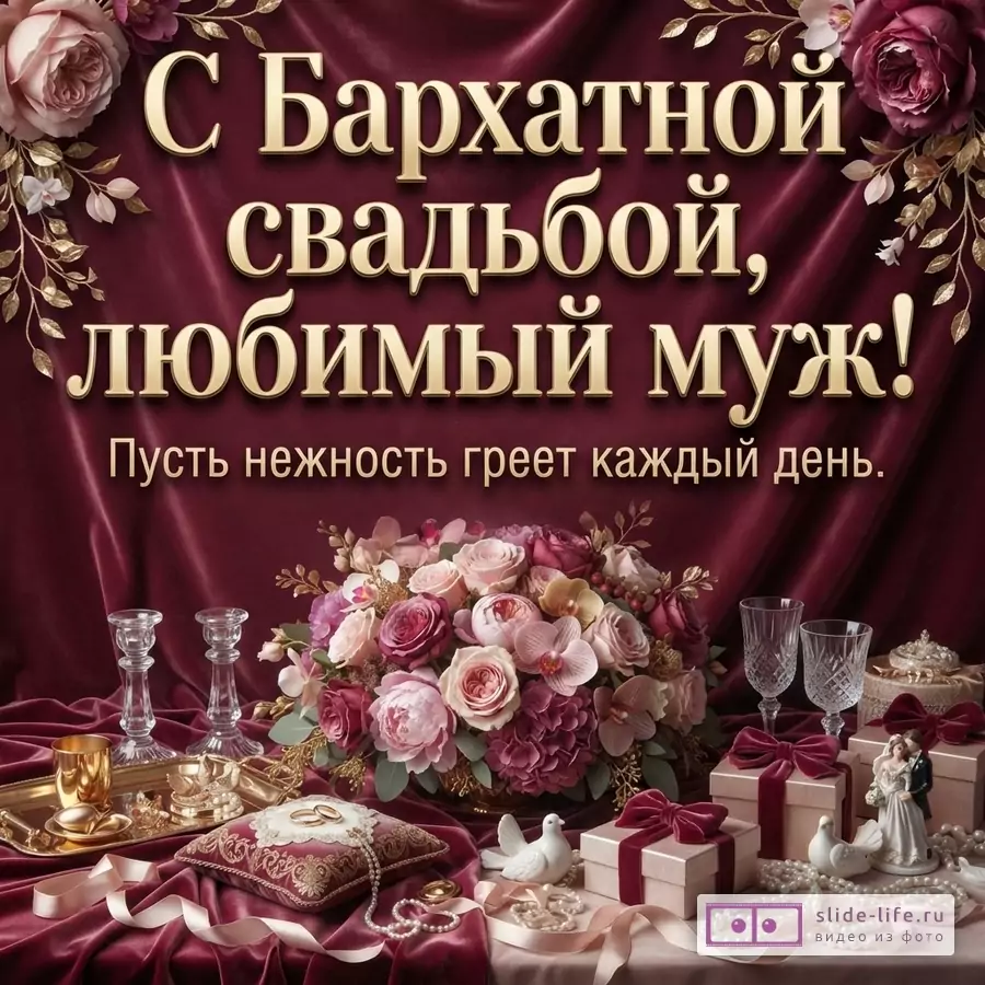 Открытка на бордовом фоне с золотыми розами, букетом цветов, подарками и обручальными кольцами. Текст: «С Бархатной свадьбой, любимый муж! Пусть нежность греет каждый день.»