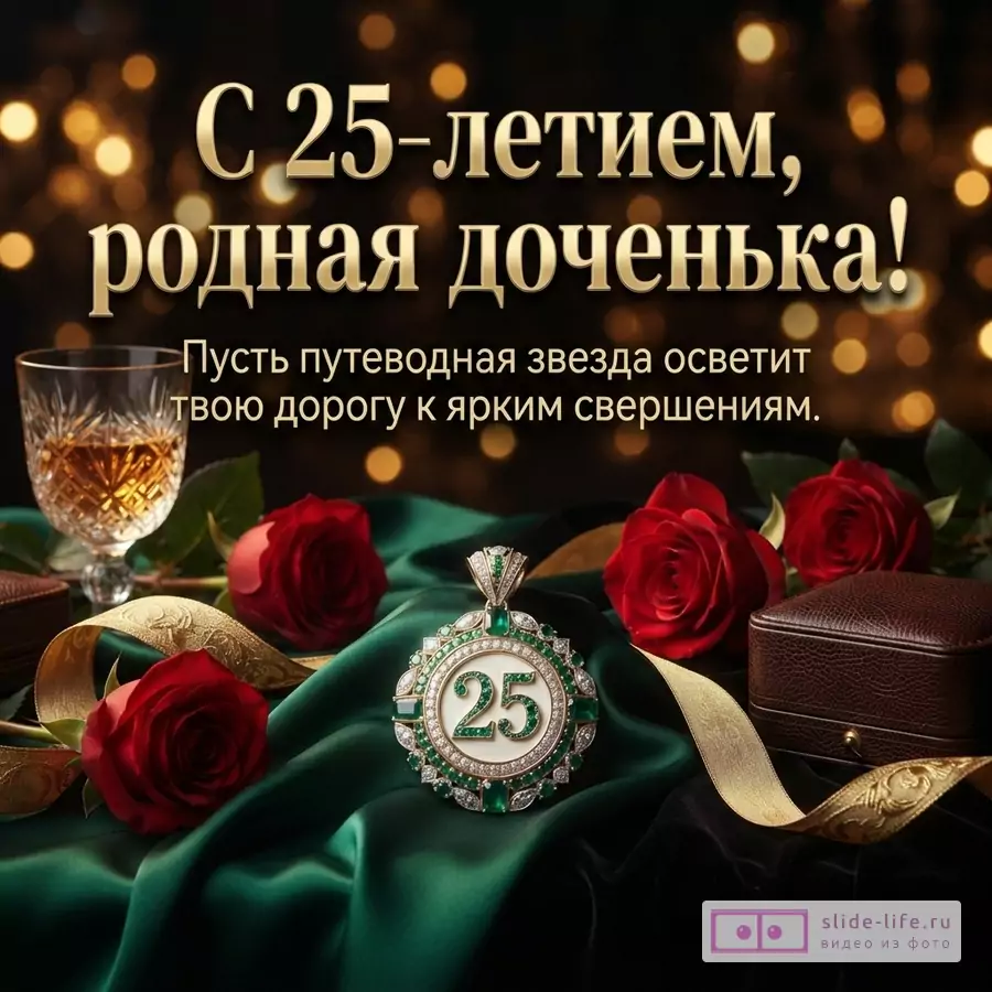 Ювелирный кулон с цифрой 25, красные розы, бокал и золотые ленты на изумрудном атласе с надписью «С 25-летием, родная доченька! Пусть путеводная звезда осветит твою дорогу к ярким свершениям.»