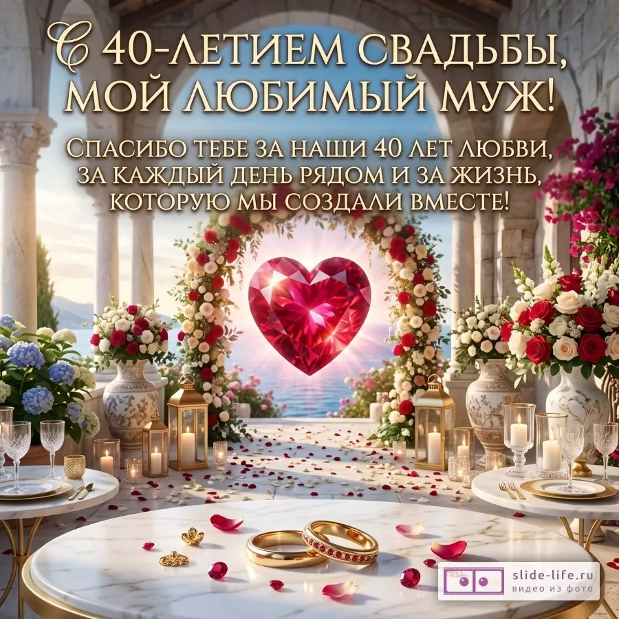 Светлый бежево-розовый зал с цветочными арками, розовым сердцем, свечами и кольцами на мраморном столе; текст «С 40-летием свадьбы, мой любимый муж!»