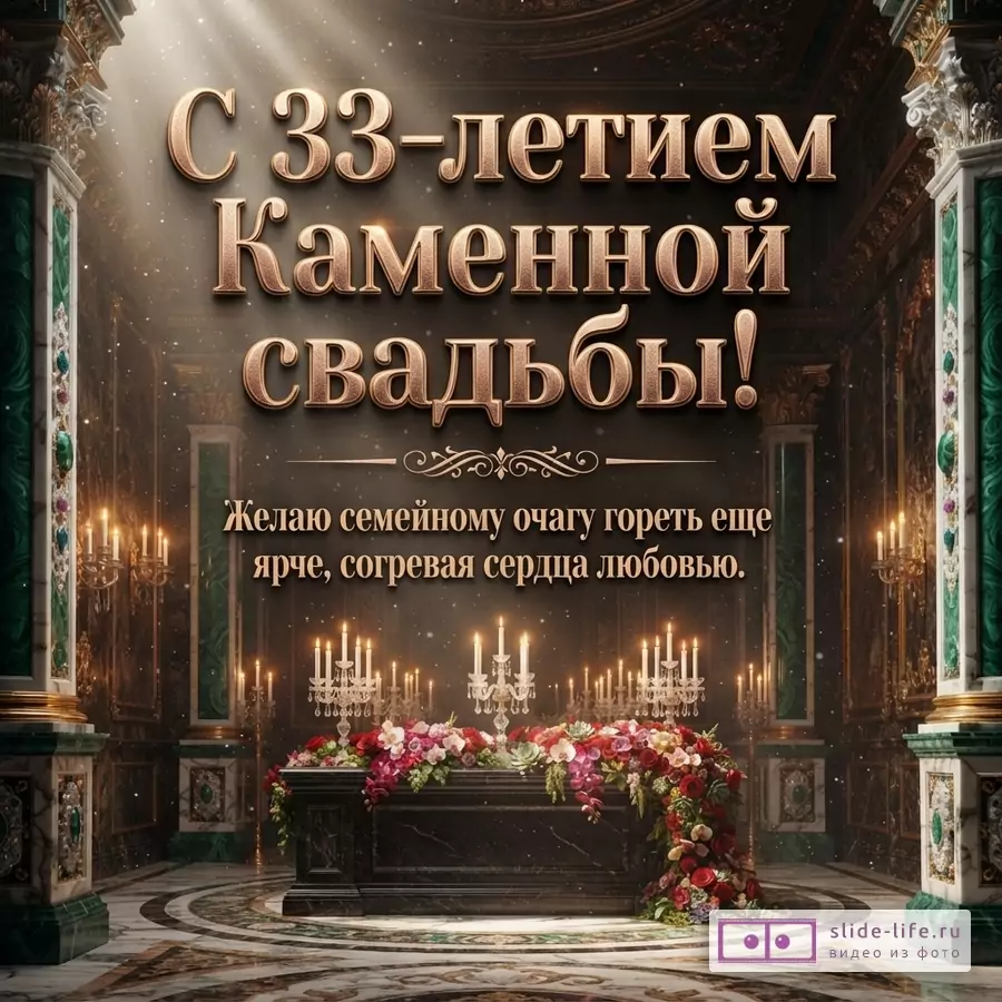 Темный фон, золотые буквы, колонны с изумрудами. Текст: «С 33-летием Каменной свадьбы!» «Желаю семейному очагу гореть еще ярче, согревая сердца любовью.»