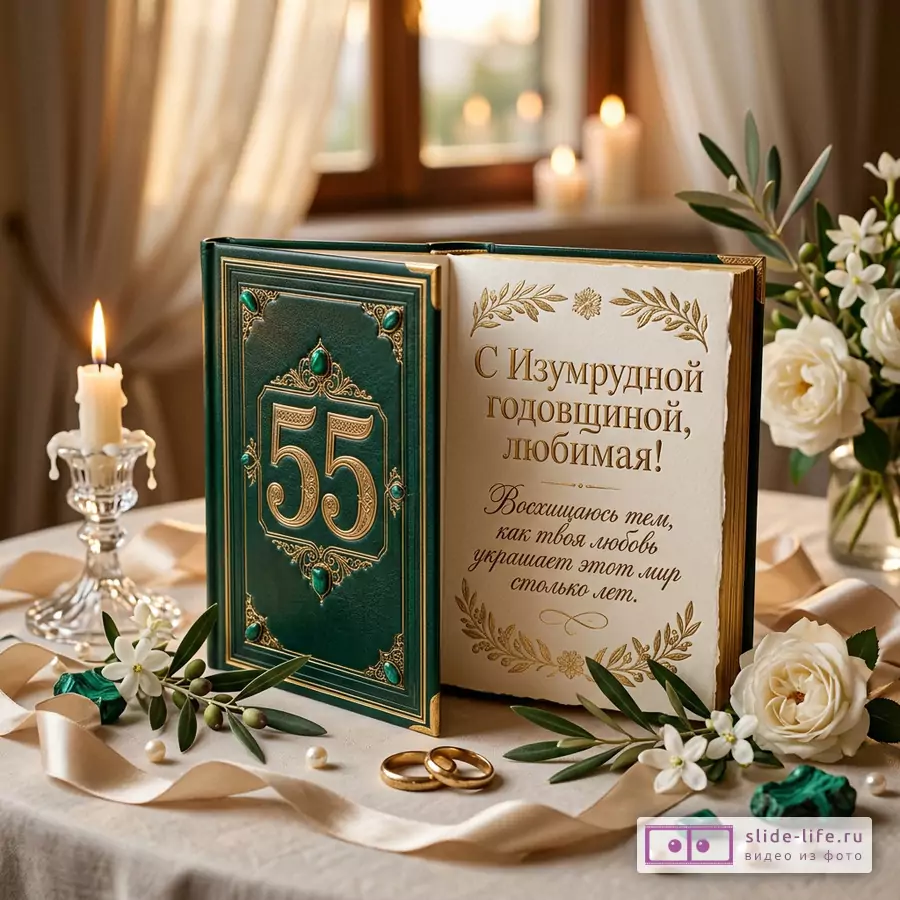 Открытка-книга в изумрудно-золотом оформлении, число «55», белая страница с текстом «С Изумрудной годовщиной, любимая! Восхищаюсь тем, как твоя любовь украшает этот мир столько лет.», свечи, белые розы, кольца, ленты