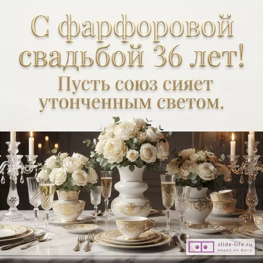 Бежевый фон, золотой текст «С фарфоровой свадьбой 36 лет! Пусть союз сияет утонченным светом.», сервированный стол с белой фарфоровой посудой с золотым узором, белые цветы в вазах, свечи в подсвечниках, бокалы с шампанским.