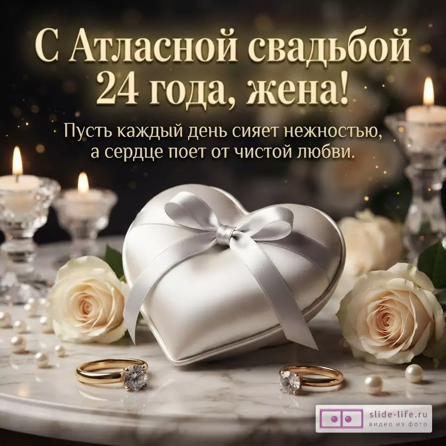 Шелковая подушечка в форме сердца с бантом, кольца с бриллиантами, розы и свечи на мраморном столе с текстом «С Атласной свадьбой 24 года, жена!»