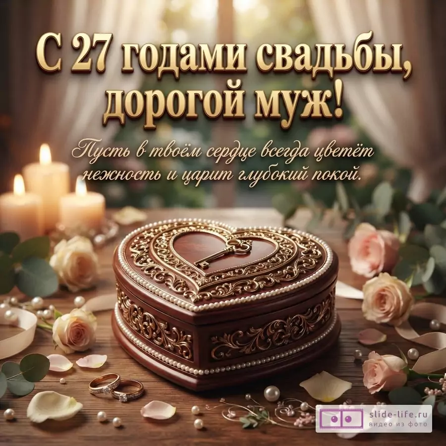 Открытка с золотым текстом на размытом фоне окна, свечей и цветов. В центре шкатулка в форме сердца. Текст: «С 27 годами свадьбы, дорогой муж! Пусть в твоём сердце всегда цветёт нежность и царит глубокий покой.»