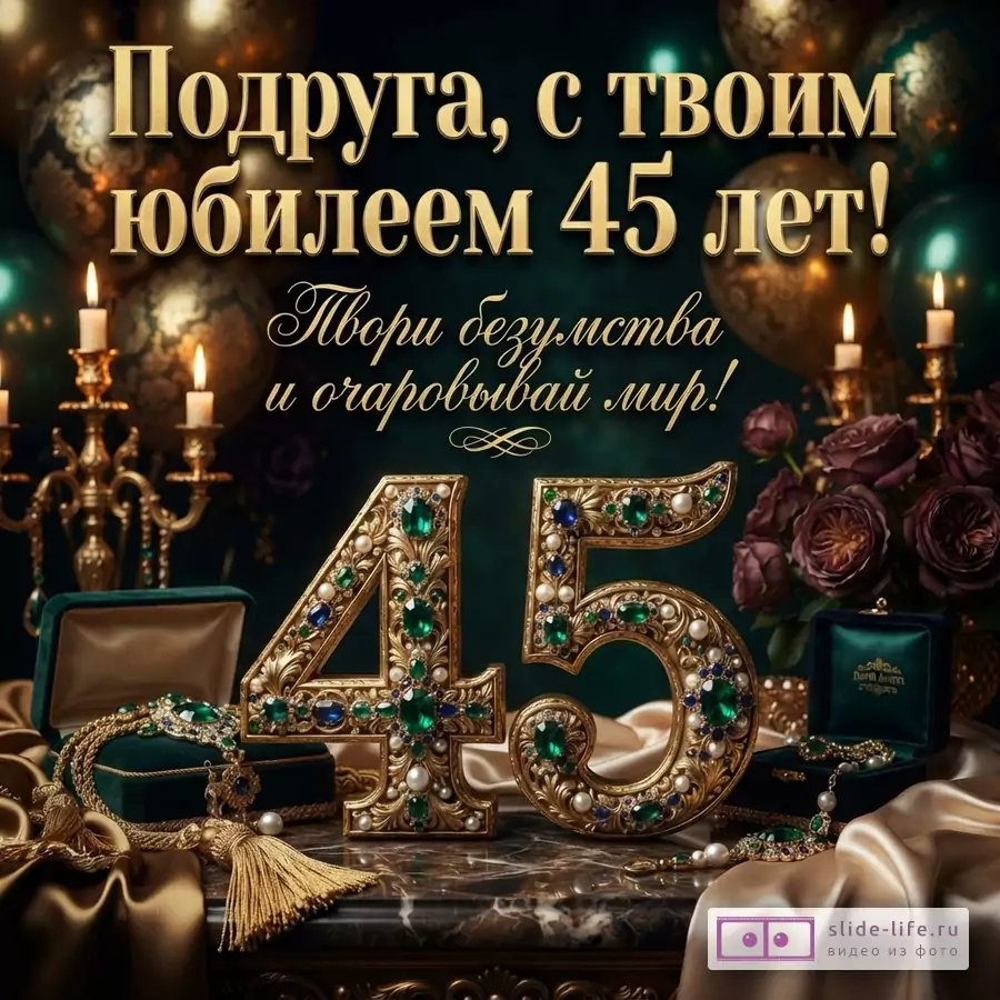 Открытка с золотыми буквами на темно-зеленом фоне, золотые шары, свечи. Текст: «Подруга, с твоим юбилеем 45 лет! Твори безумства и очаровывай мир!»