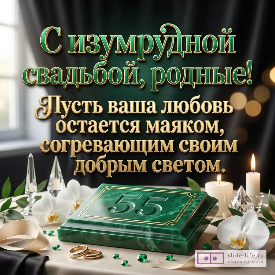 Открытка с текстом «С изумрудной свадьбой, родные! Пусть ваша любовь остается маяком, согревающим своим добрым светом.» Темно-зеленый и черный фон, свечи, белые орхидеи, кольца, изумрудная шкатулка с числом «55»