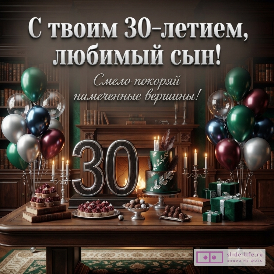 Праздничный стол с тортом, цифрой 30, десертами и воздушными шарами в классическом интерьере кабинета. Надпись: «С твоим 30-летием, любимый сын! Смело покоряй намеченные вершины!».