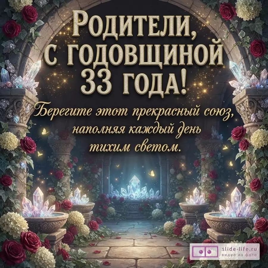 Фон темный, арка из камня, увитая розами и плющом. В центре надпись золотыми буквами «РОДИТЕЛИ, С ГОДОВЩИНОЙ 33 ГОДА! Берегите этот прекрасный союз, наполняя каждый день тихим светом.».
