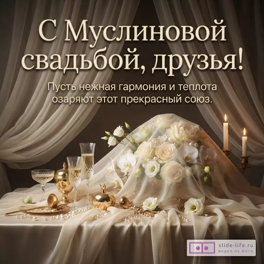 Коричневый фон, бежевые шторы, на столе бежевая скатерть, цветы, бокалы, золотые элементы, свечи. Текст: «С Муслиновой свадьбой, друзья! Пусть нежная гармония и теплота озаряют этот прекрасный союз.»