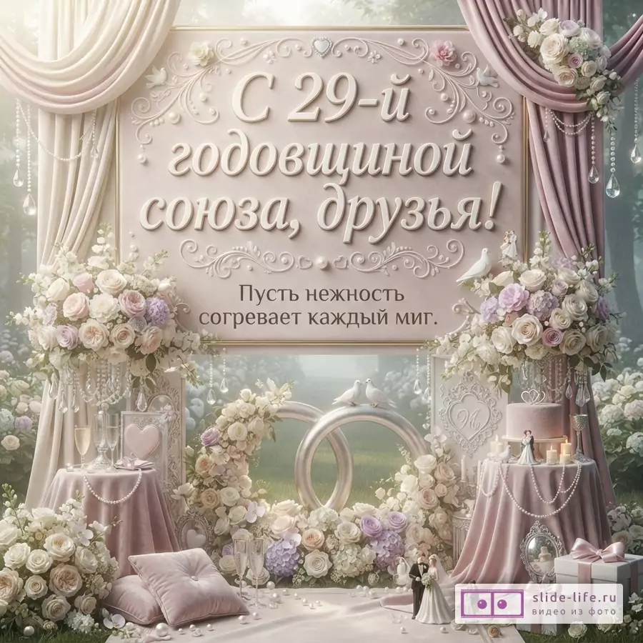 Бежево-розовая открытка с декоративной рамкой, цветами, драпировками и кольцами. Текст «С 29-й годовщиной союза, друзья! Пусть нежность согревает каждый миг.»