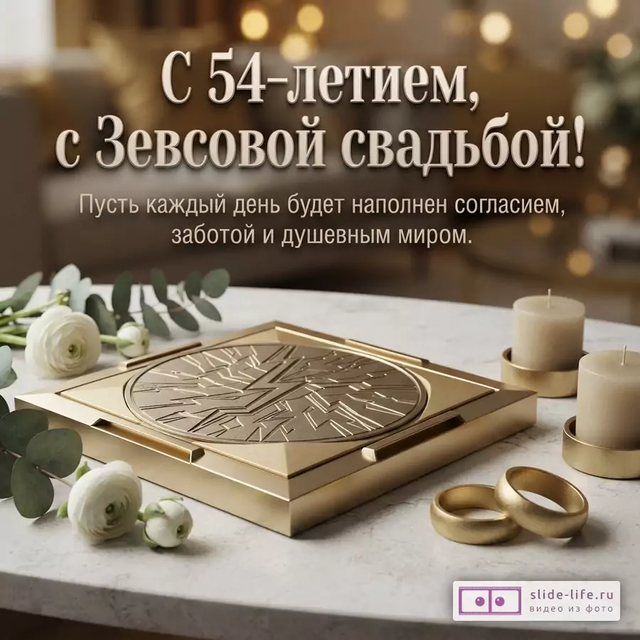 Стол с золотой шкатулкой, двумя золотыми кольцами, двумя свечами и белыми цветами на ветке. Фон размытый с огоньками. Текст: «С 54-летием, с Зевсовой свадьбой! Пусть каждый день будет наполнен согласием, заботой и душевным миром.»