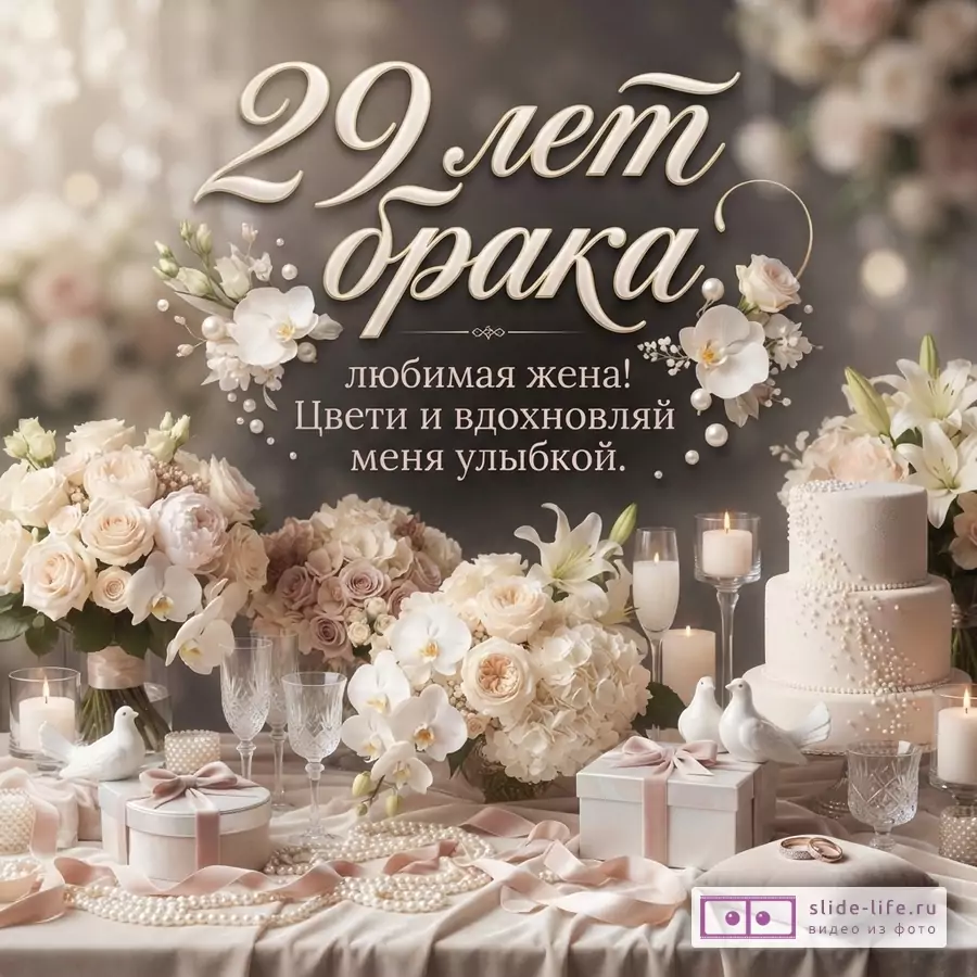 Открытка с надписью «29 лет брака. любимая жена! Цвети и вдохновляй меня улыбкой.» на тёмном фоне, украшенная белыми цветами, жемчугом, подарками, свечами и свадебным тортом.