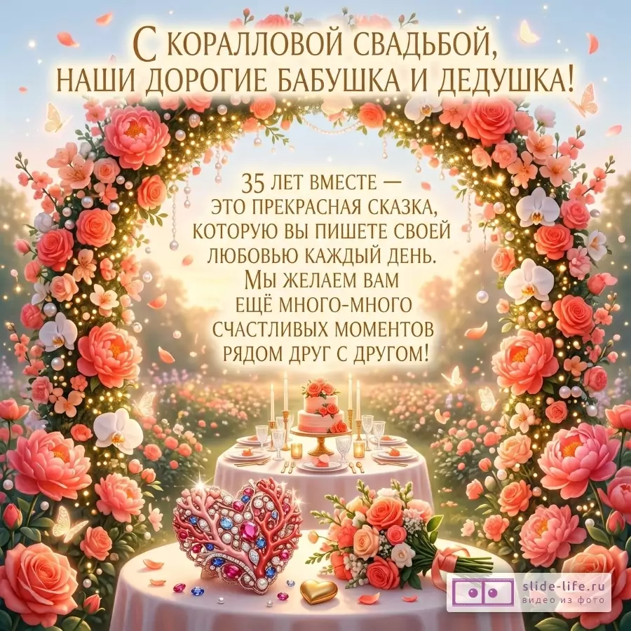 Кораллово-розовая поздравительная открытка с цветочной аркой, столом с тортом, сердцем и букетом; текст «С коралловой свадьбой, наши дорогие бабушка и дедушка!»