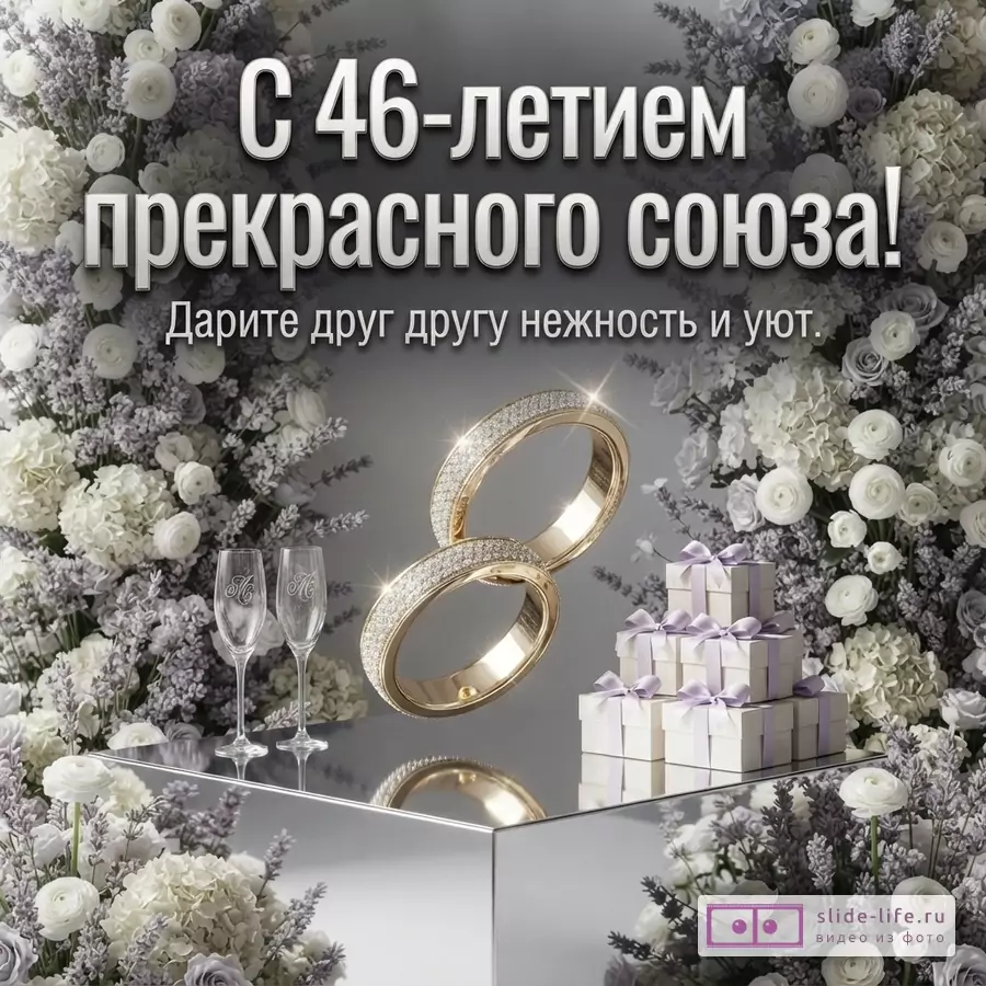Серый фон, белые и сиреневые цветы, два золотых кольца с бриллиантами, два бокала, подарки. Текст: «С 46-летием прекрасного союза! Дарите друг другу нежность и уют.»