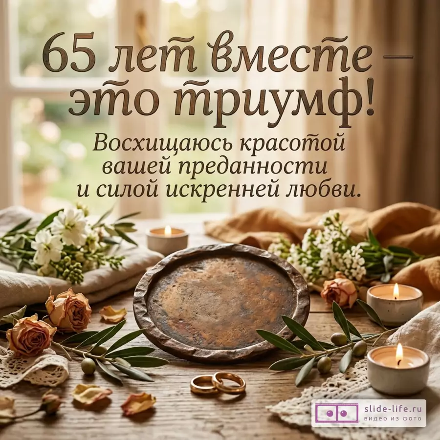 Открытка к 65-летию свадьбы, бежево-коричневый интерьерный фон, деревянный стол, свечи, цветы, оливковые ветви, кольца, тарелка, текст «65 лет вместе — это триумф! Восхищаюсь красотой вашей преданности и силой искренней любви.»