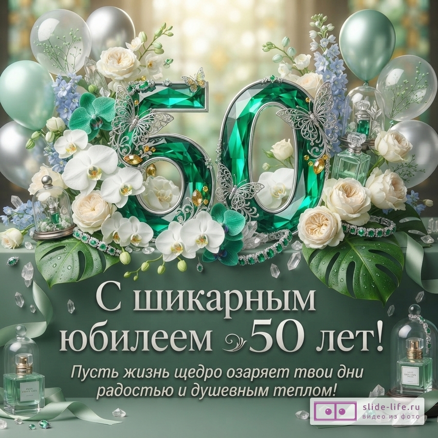 Открытка с зелеными цифрами «50», белыми орхидеями, розами, воздушными шарами, бабочками и изумрудами на темно-зеленом фоне. Текст: «С шикарным юбилеем 50 лет! Пусть жизнь щедро озаряет твои дни радостью и душевным теплом!»