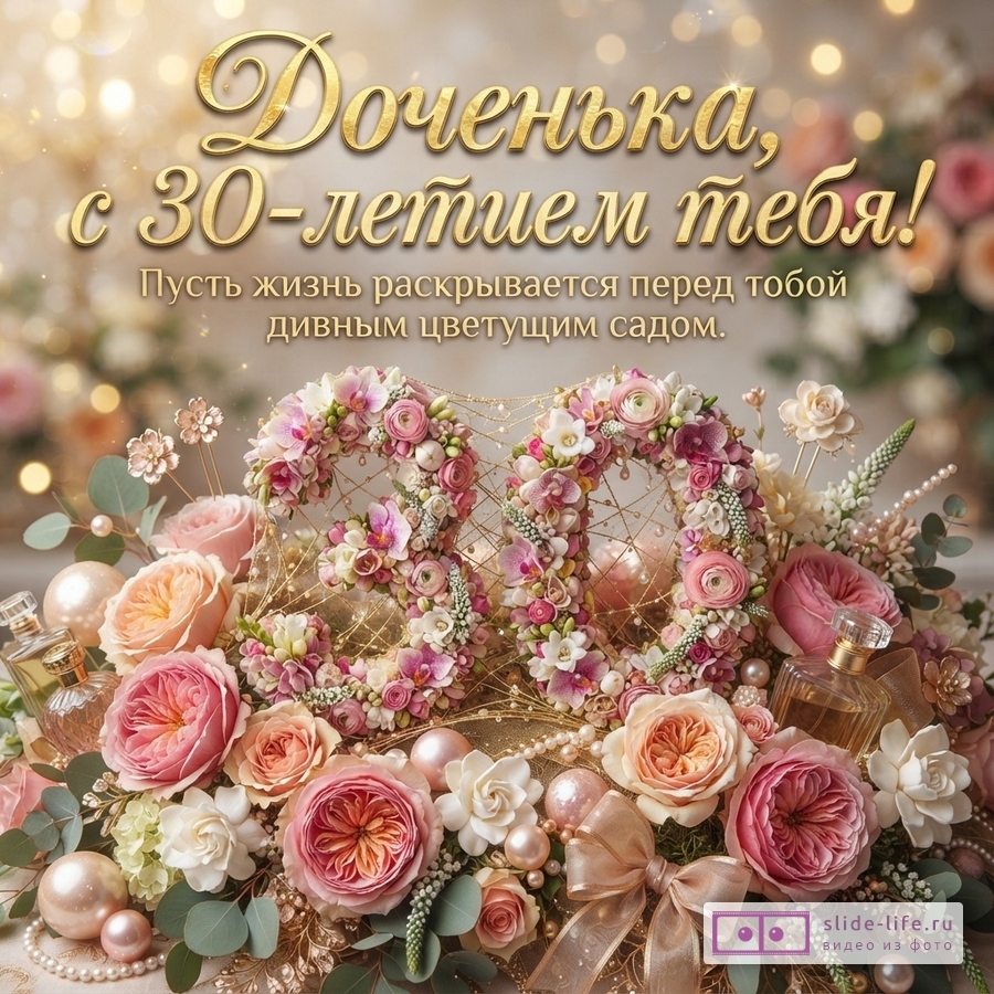 Объемная цифра 30 из живых розовых цветов, пионы, флаконы парфюма и текст: «Доченька, с 30-летием тебя! Пусть жизнь раскрывается перед тобой дивным цветущим садом.» на фоне боке.