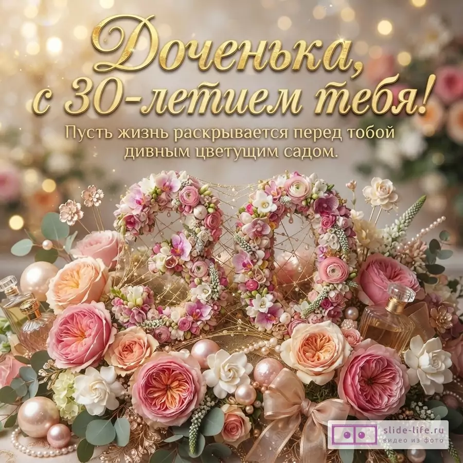 Объемная цифра 30 из живых розовых цветов, пионы, флаконы парфюма и текст: «Доченька, с 30-летием тебя! Пусть жизнь раскрывается перед тобой дивным цветущим садом.» на фоне боке.