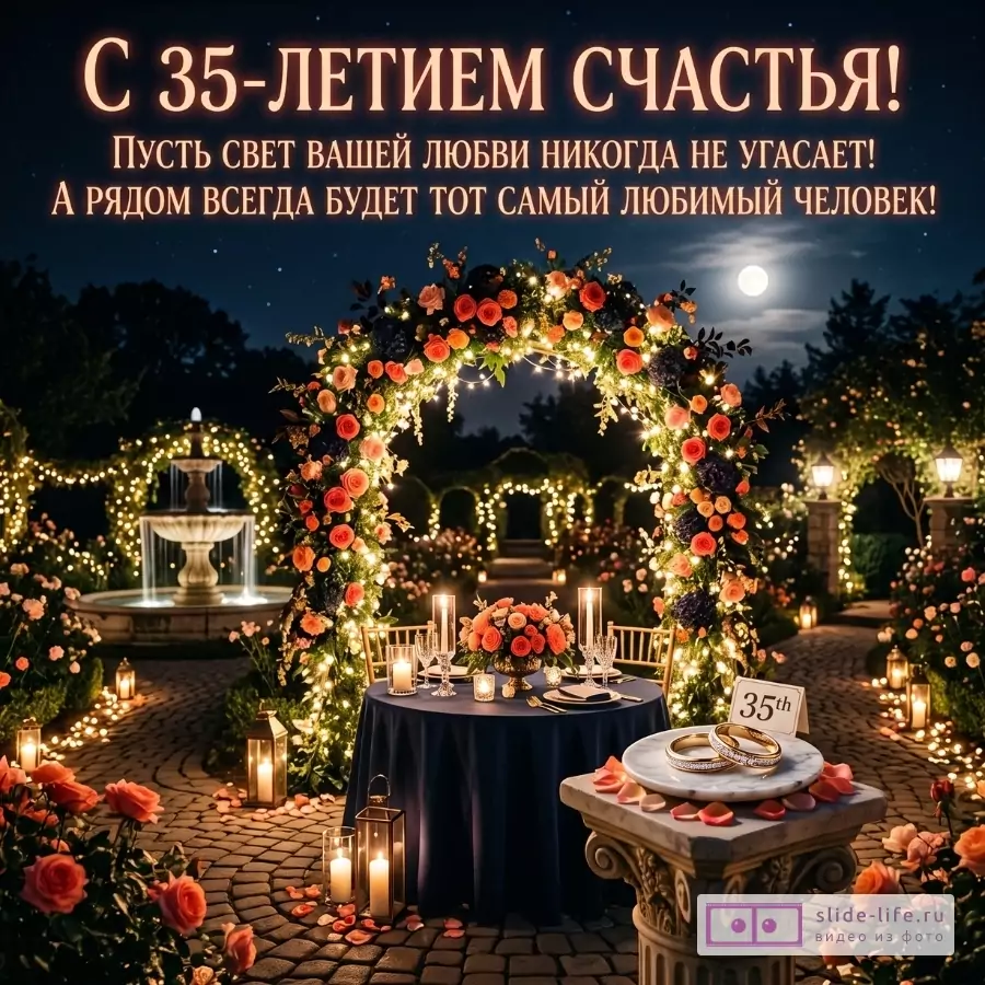 Темно-синий ночной сад, арка из роз и огней, стол с цветами, свечами и кольцами; текст «С 35-летием счастья! Пусть свет вашей любви никогда не угасает! А рядом всегда будет тот самый любимый человек!»