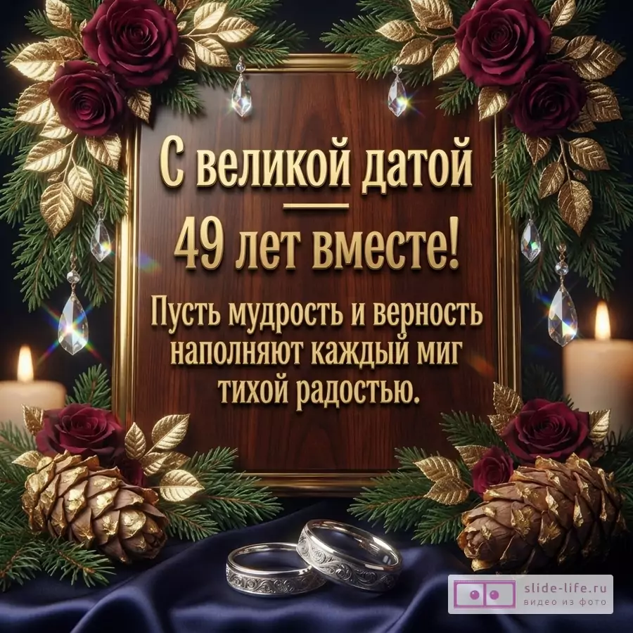 Открытка на деревянном фоне с золотой рамкой, украшенная красными розами, еловыми ветками, золотыми листьями и шишками. Внизу два обручальных кольца на синей ткани. Текст: «С великой датой 49 лет вместе! Пусть мудрость и верность наполняют каждый миг тихой радостью.»