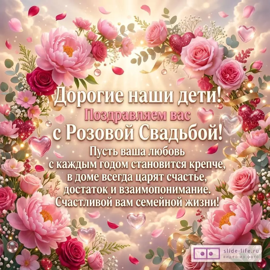 Поздравление детям с Розовой Свадьбой — Красивая открытка от родителей на 10 лет свадьбы