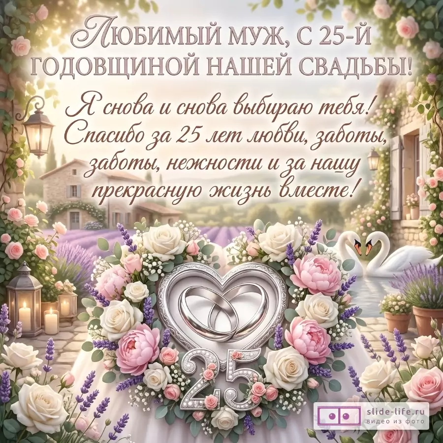 Бежево-розовая свадебная открытка с розами, лавандой, кольцами и цифрой 25; текст «Любимый муж, с 25-й годовщиной нашей свадьбы! Я снова и снова выбираю тебя. Спасибо за 25 лет любви...»