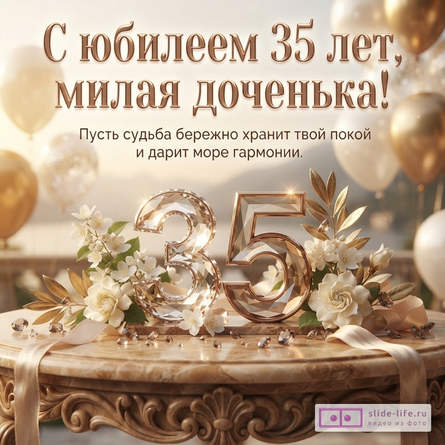 Объемная хрустальная цифра 35 с белыми цветами на резном столе и воздушными шарами с надписью «С юбилеем 35 лет, милая доченька! Пусть судьба бережно хранит твой покой и дарит море гармонии.».