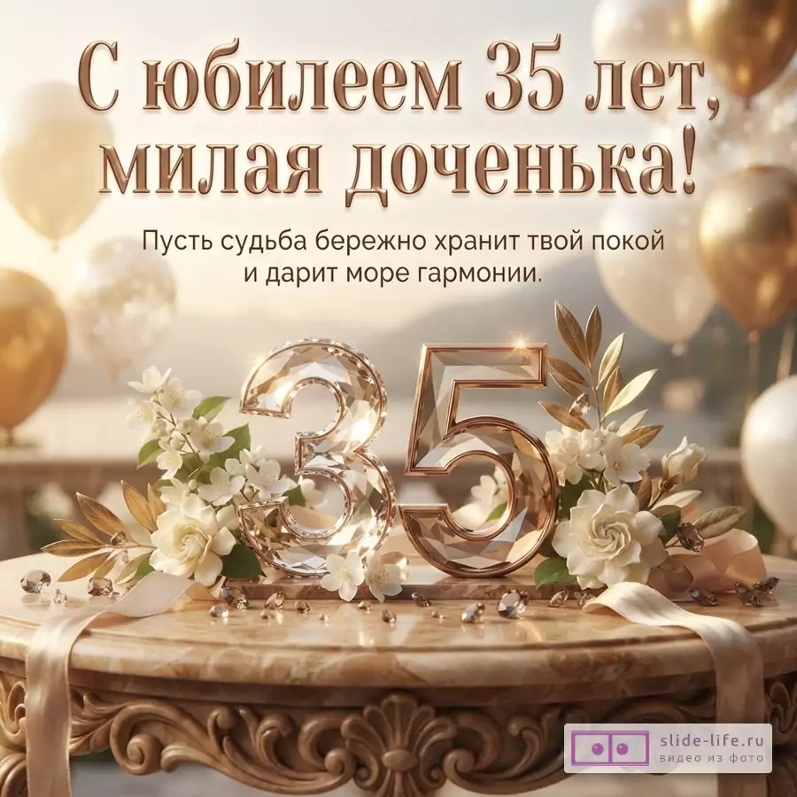 Объемная хрустальная цифра 35 с белыми цветами на резном столе и воздушными шарами с надписью «С юбилеем 35 лет, милая доченька! Пусть судьба бережно хранит твой покой и дарит море гармонии.».