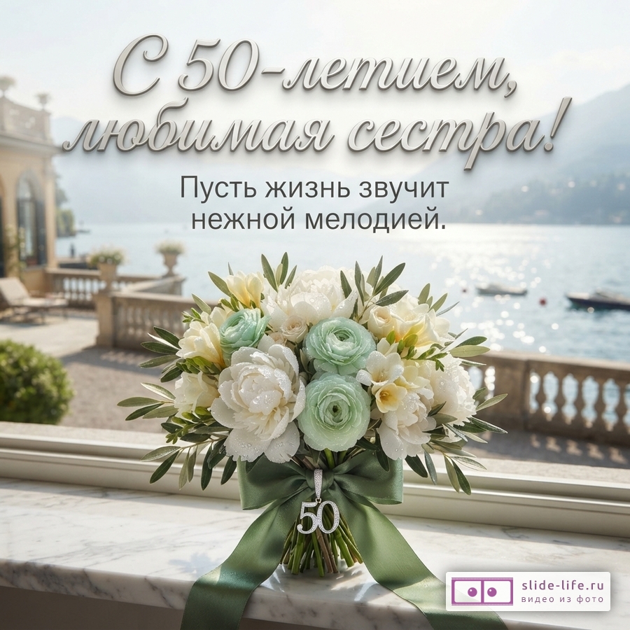 Фон размытого пейзажа с озером и горами, на переднем плане букет белых и мятных цветов с зелеными листьями, перевязанный зеленой лентой с подвеской «50». Текст «С 50-летием, любимая сестра! Пусть жизнь звучит нежной мелодией.»