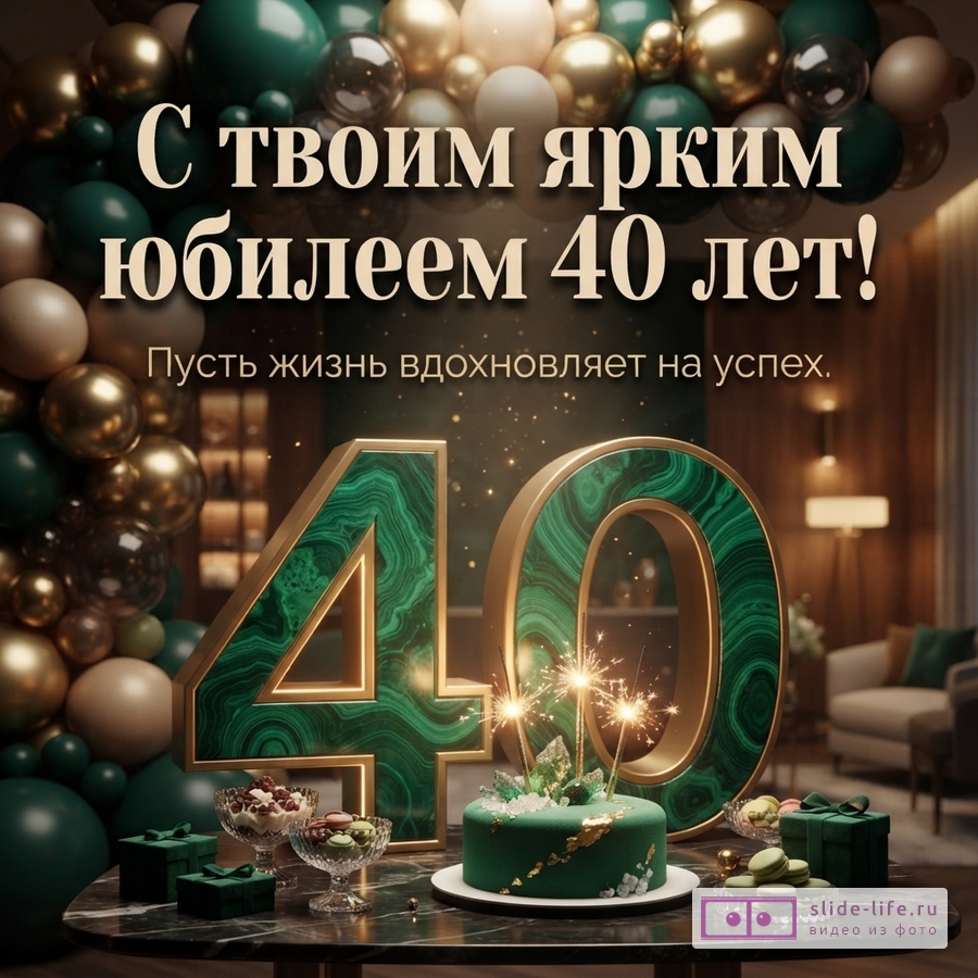 Фон из золотых и зеленых шаров. В центре крупные цифры «40» из малахита с золотой окантовкой. На переднем плане стол с зеленым тортом, десертами и подарками. Текст: «С твоим ярким юбилеем 40 лет! Пусть жизнь вдохновляет на успех.»