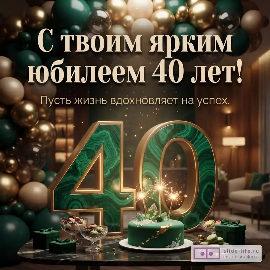 Фон из золотых и зеленых шаров. В центре крупные цифры «40» из малахита с золотой окантовкой. На переднем плане стол с зеленым тортом, десертами и подарками. Текст: «С твоим ярким юбилеем 40 лет! Пусть жизнь вдохновляет на успех.»