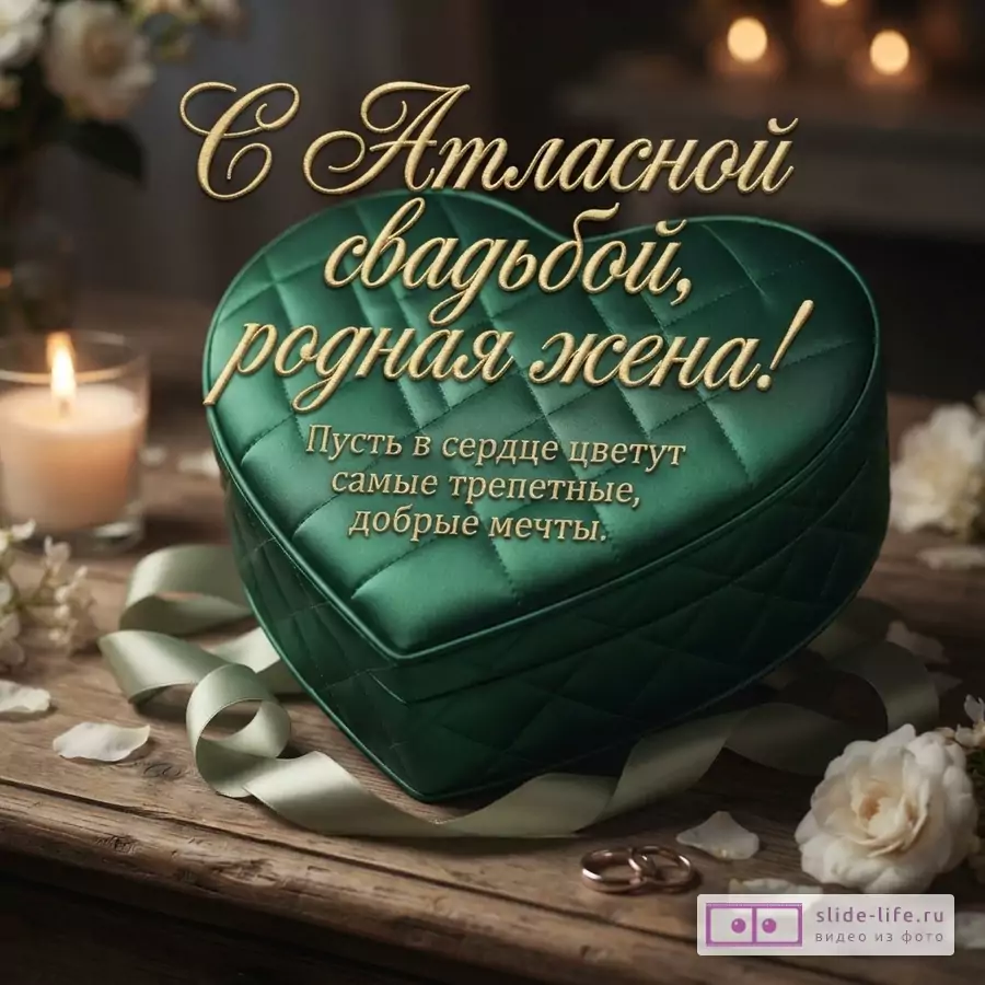 Зеленая атласная шкатулка в форме сердца на деревянном столе с цветами, кольцами и надписью «С Атласной свадьбой, родная жена! Пусть в сердце цветут самые трепетные, добрые мечты.»