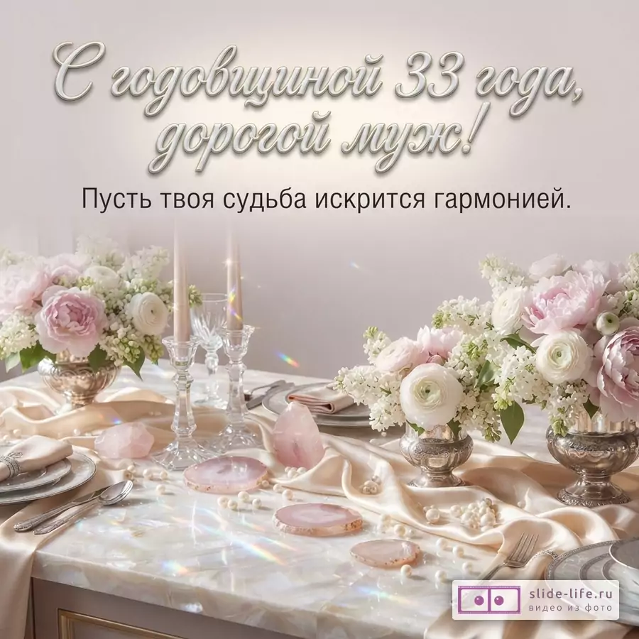 Светло-бежевый фон, на переднем плане сервированный стол с цветочными композициями, свечами, розовыми камнями и жемчугом. Текст: «С годовщиной 33 года, дорогой муж! Пусть твоя судьба искрится гармонией.»
