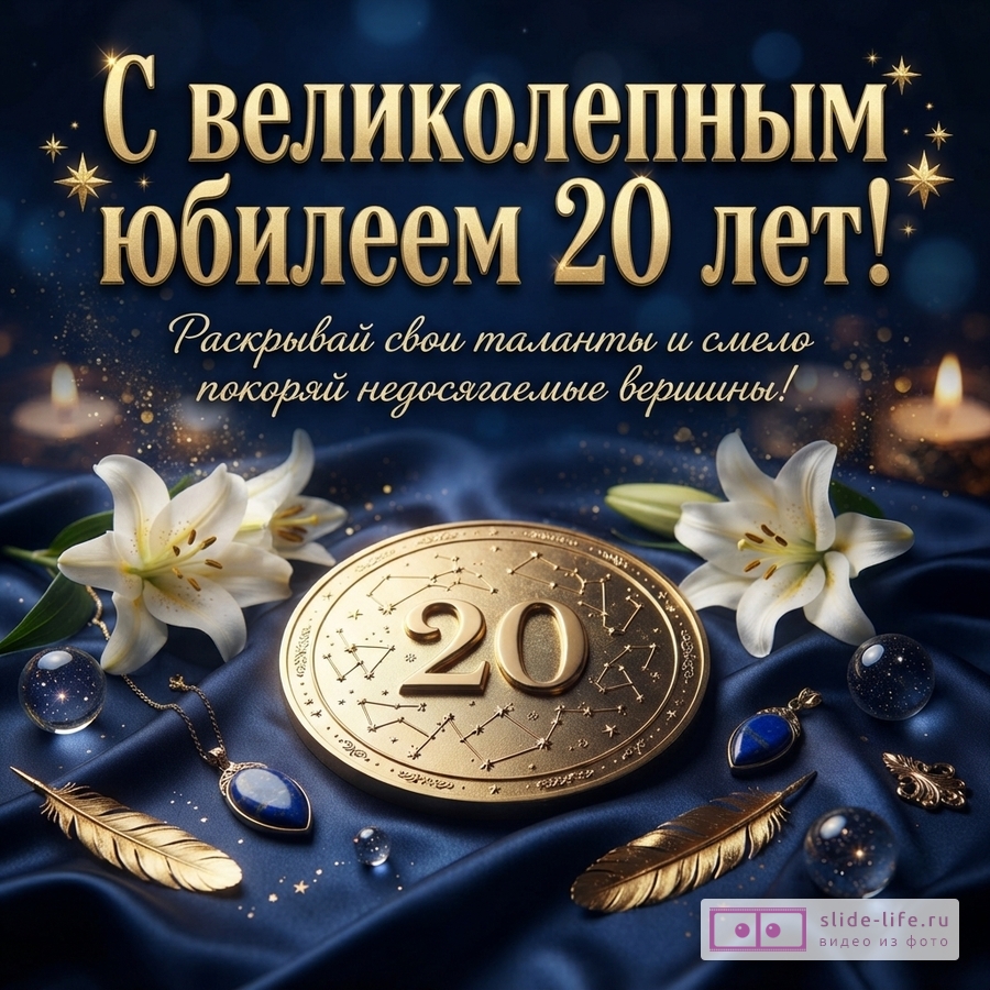 Темно-синий фон, золотые буквы, белые лилии, золотая монета с цифрой «20», золотые перья, синие камни. Текст: «С великолепным юбилеем 20 лет! Раскрывай свои таланты и смело покоряй недосягаемые вершины!»
