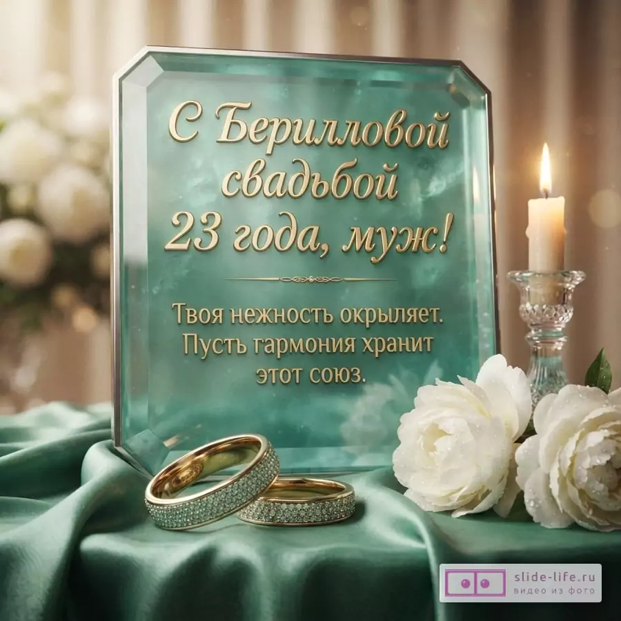 Изумрудная стеклянная табличка с текстом «С Берилловой свадьбой 23 года, муж!», обручальные кольца, свеча в подсвечнике и белые цветы.