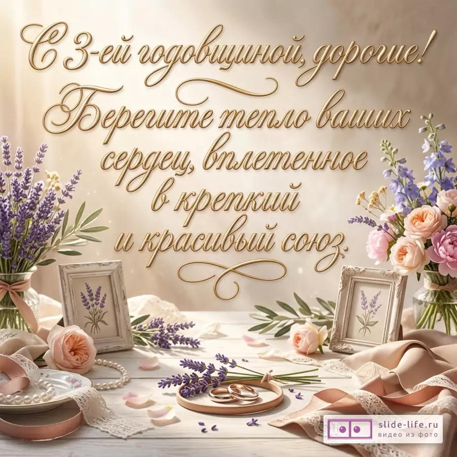 Бежевый фон, золотой каллиграфический текст «С 3-ей годовщиной, дорогие! Берегите тепло ваших сердец, вплетенное в крепкий и красивый союз.» Лаванда, розы, кольца, рамки, ленты.