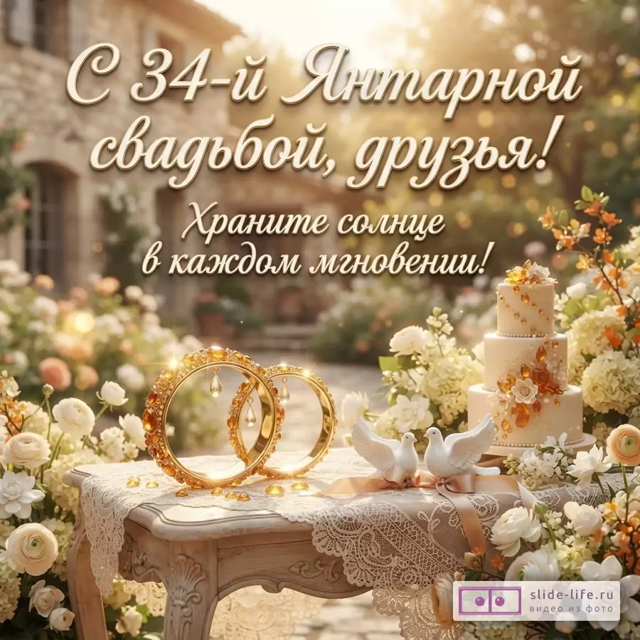 Открытка с надписью «С 34-й Янтарной свадьбой, друзья! Храните солнце в каждом мгновении!» на фоне сада, стола с двумя кольцами, свадебным тортом и двумя белыми голубями.