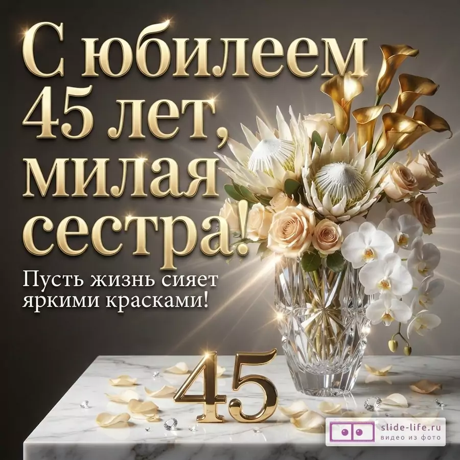 Темный фон, золотые буквы, букет цветов в вазе, золотые цифры «45», лепестки и стразы. Надпись «С юбилеем 45 лет, милая сестра! Пусть жизнь сияет яркими красками!»