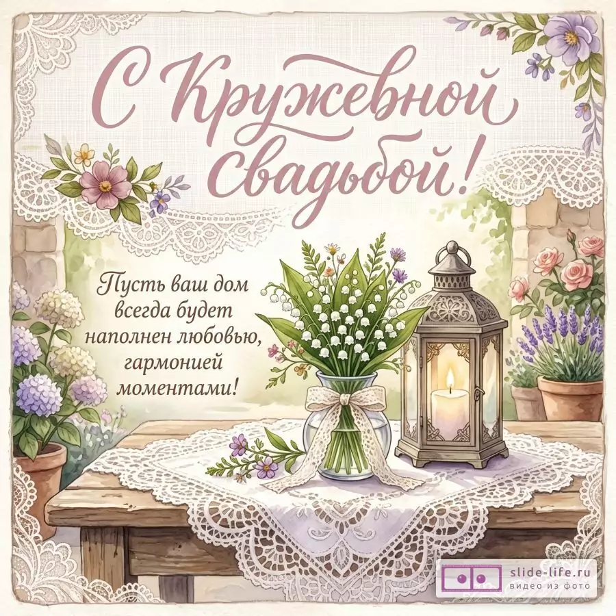 Красивая Открытка С Кружевной Свадьбой и Ландышами — 13 Лет Вместе