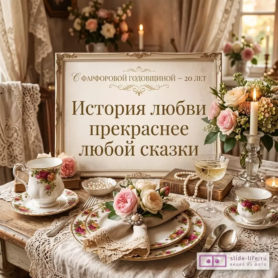 Винтажная сервировка в бежево-кремовых и золотистых тонах, фарфоровая посуда с цветочным узором, розы, свечи, бокалы; текст «С ФАРФОРОВОЙ ГОДОВЩИНОЙ — 20 ЛЕТ» и «История любви прекраснее любой сказки»