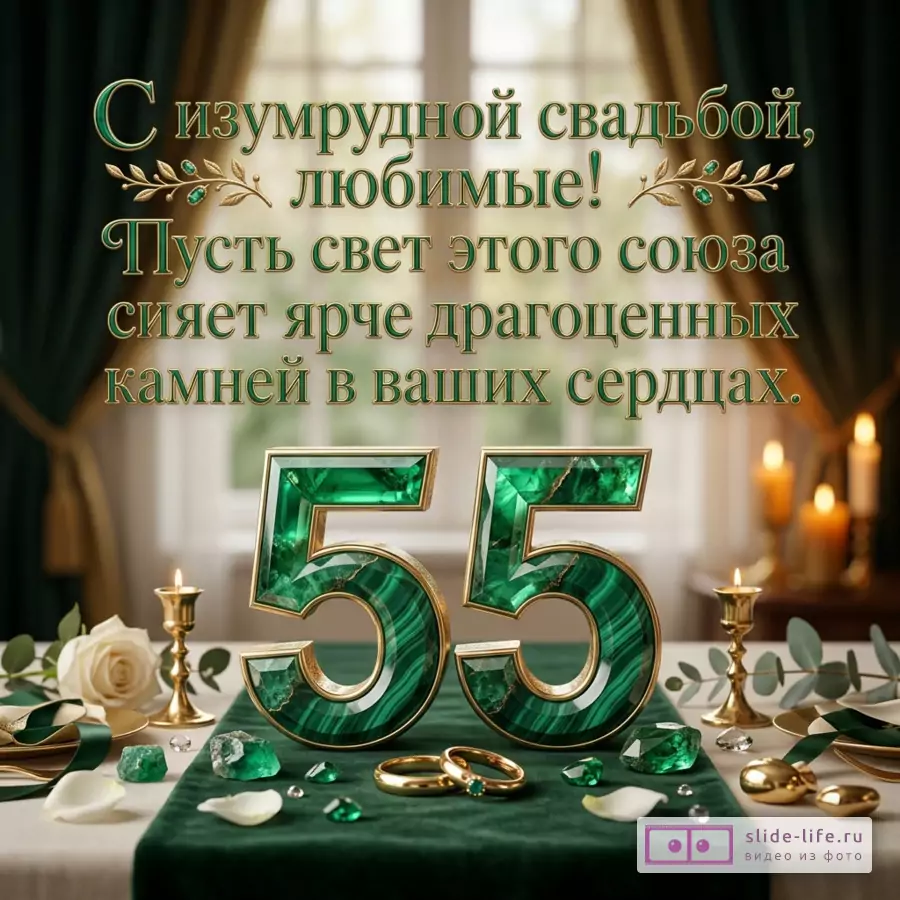 Открытка к 55-летию свадьбы, зеленый и золотой текст «С изумрудной свадьбой, любимые! Пусть свет этого союза сияет ярче драгоценных камней в ваших сердцах.», число 55, кольца, свечи, белая роза, изумруды